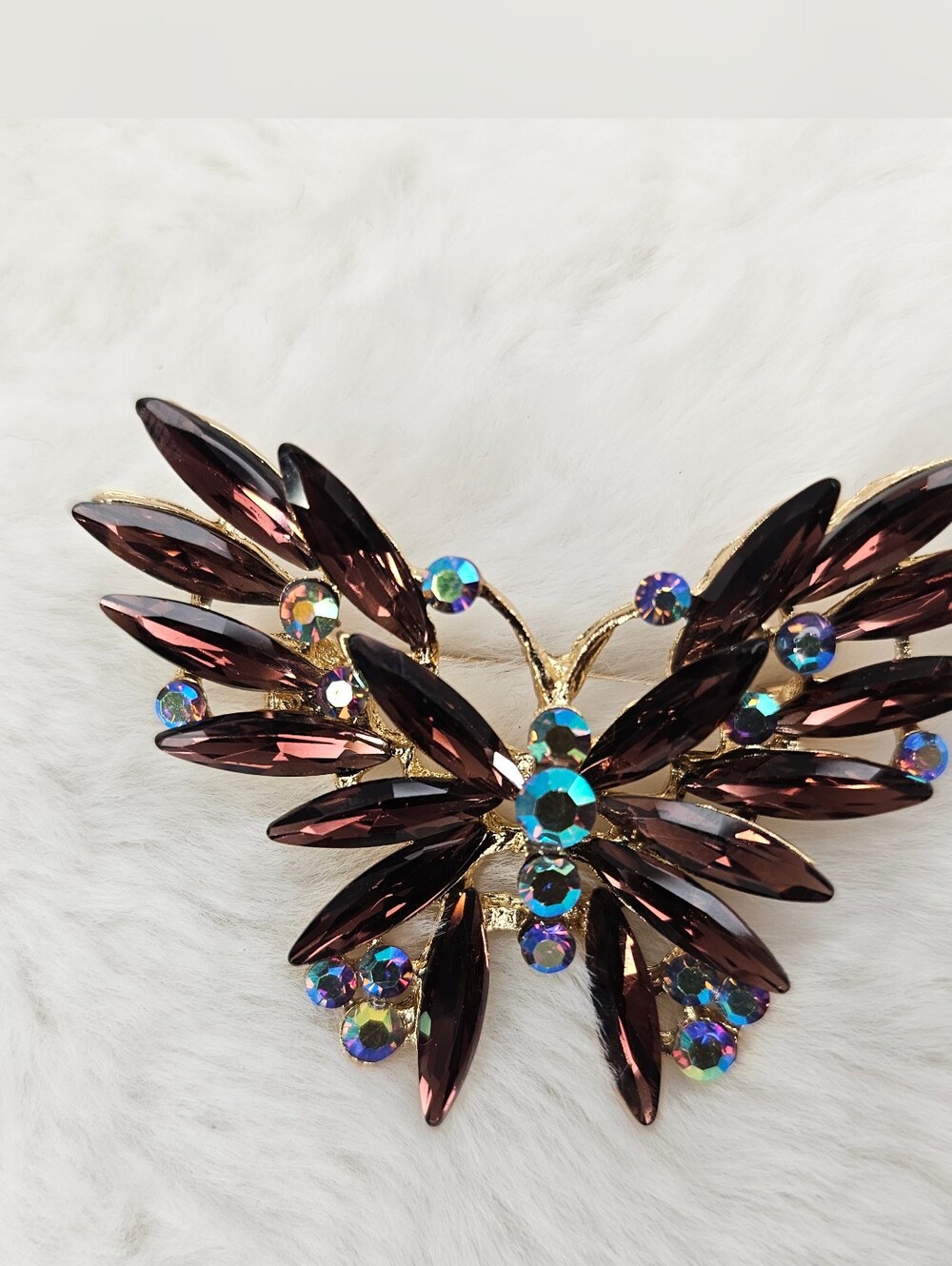 Crystal Butterfly Brooch Pendant in Deep Brown and Aurora Accents